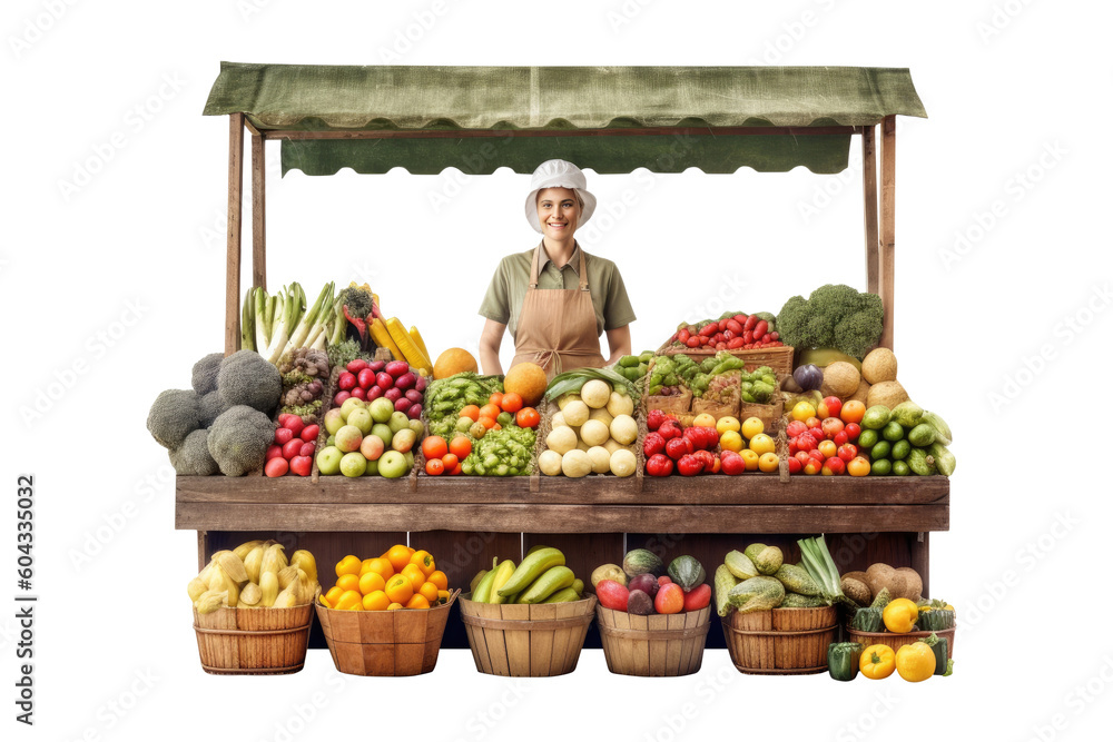Woman fruit seller behind a fruit shop counter isolated on white ...