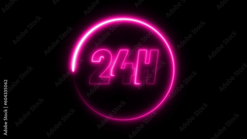 Animated neon 24 hours text with circle on Black background, advertising next business concept, Looped Pink Glowing Light 4K UHD Animated neon 24 hours text with circle on Black background, advertising next business concept, Looped Pink Glowing Light 4K UHD