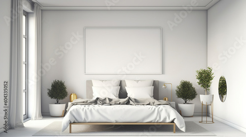 Minimalist modern white bedroom. Cozy white and grey room minimal concept  bed with a lot of pillows  Generative AI