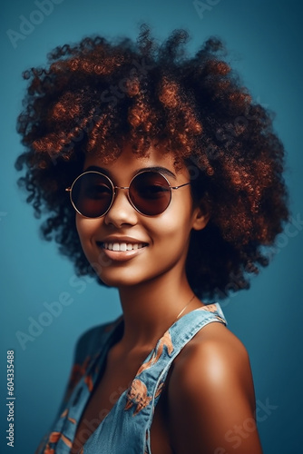 Smiling model , Beautiful black woman In sunglasses ,afro curls hairstyle posing in studio. Tanned and cheerful, generative AI 