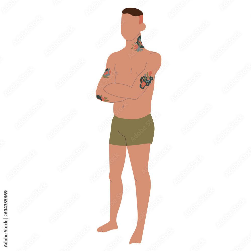 Fototapeta premium Young man with tattoo standing isolated on white background.