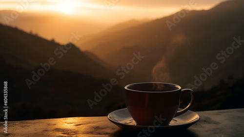 generative AI, Morning cup of coffee with mountain background at sunrise 