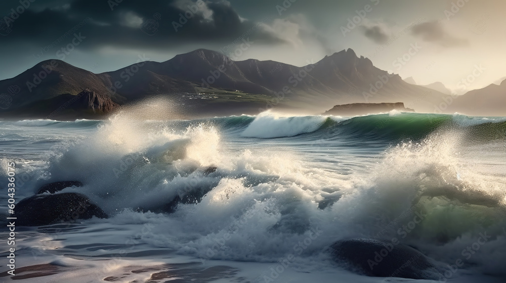 Fototapeta premium Waves crashing on a beach with a mountain in the background. Generative AI