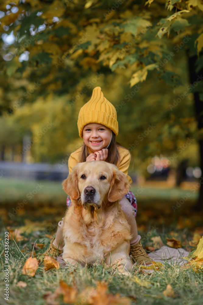 little beautiful girl in the park in autumn in golden leaves with a dog golden retriever labrador hugs and rejoices little beautiful girl in the park in autumn in golden leaves with a dog golden retriever labrador hugs and rejoices