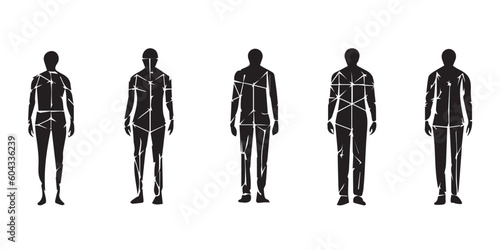 A black and white illustration of five men standing in front of a white background.