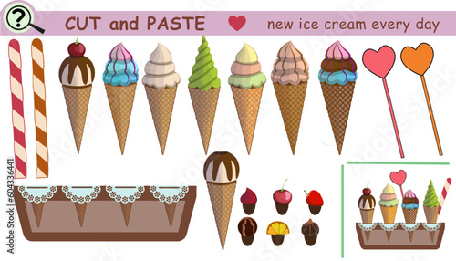 Activity educational game for preschool. Cut and paste ice cream cones, berries, sweets. Vector illustration