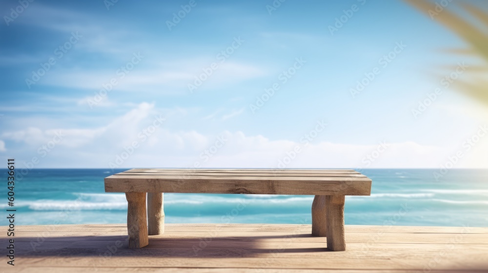 Empty bench overlooking ocean background for product placement, Generative AI