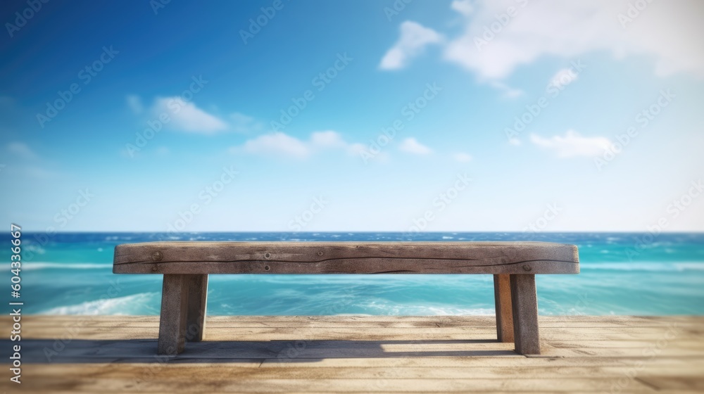 Empty bench overlooking ocean background for product placement, Generative AI