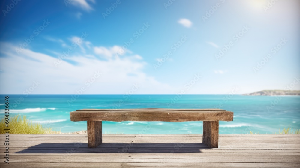 Empty bench overlooking ocean background for product placement, Generative AI