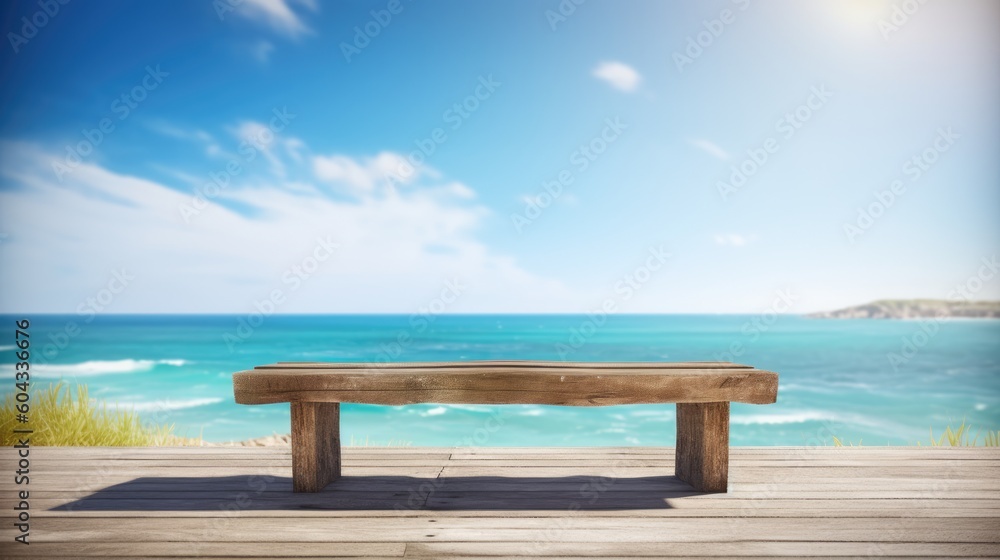 Empty bench overlooking ocean background for product placement, Generative AI Empty bench overlooking ocean background for product placement, Generative AI