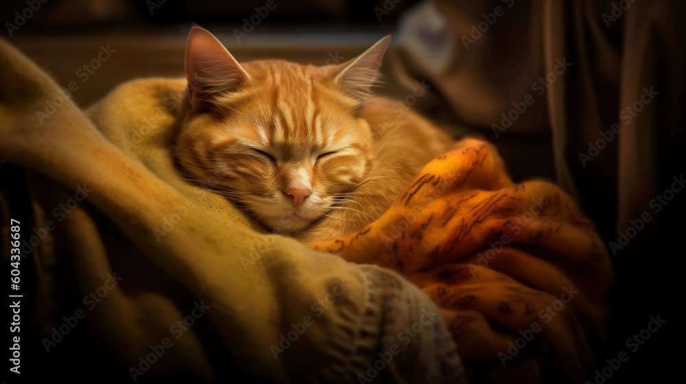 A cute orange cat sleeping on some warm blankets, happy and relaxed. .Generative AI A cute orange cat sleeping on some warm blankets, happy and relaxed. .Generative AI