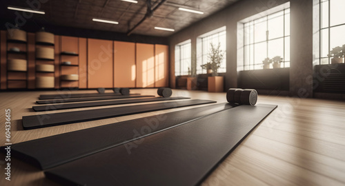 Modern yoga gym interior with unrolled yoga mats equipment, Healthy lifestyle. Generative AI