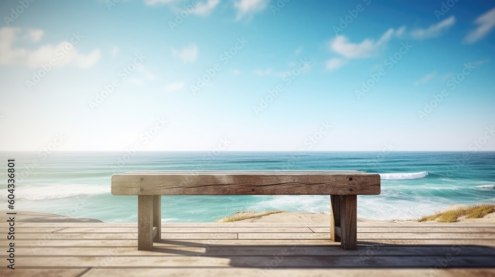Empty bench overlooking ocean background for product placement, Generative AI Empty bench overlooking ocean background for product placement, Generative AI
