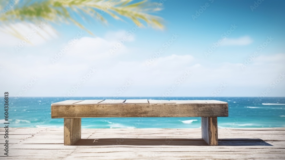 Empty bench overlooking ocean background for product placement, Generative AI
