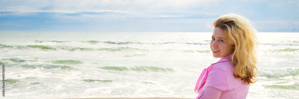 smiling woman resting on the sea banner, tourism and travel, summer vacation, beach relax smiling woman resting on the sea banner, tourism and travel, summer vacation, beach relax