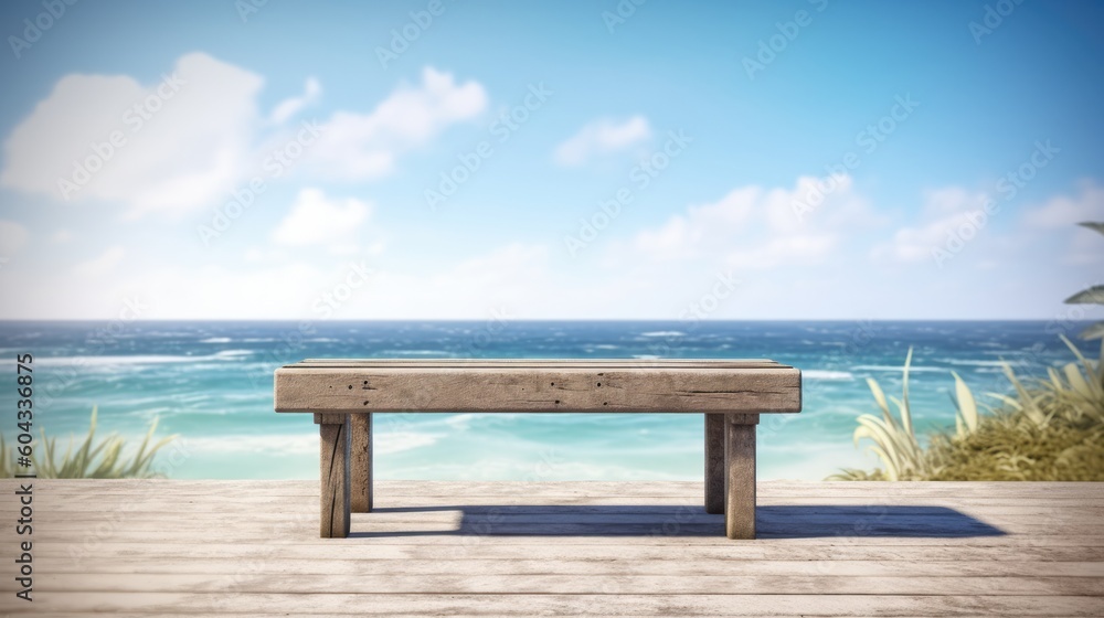 Empty bench overlooking ocean background for product placement, Generative AI