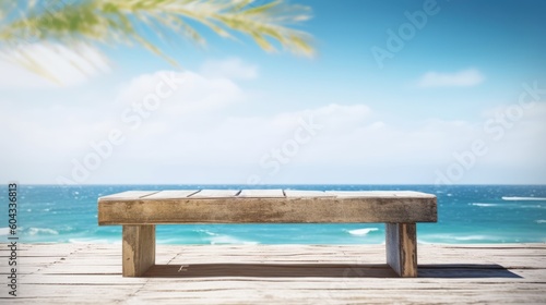 Empty bench overlooking ocean background for product placement  Generative AI