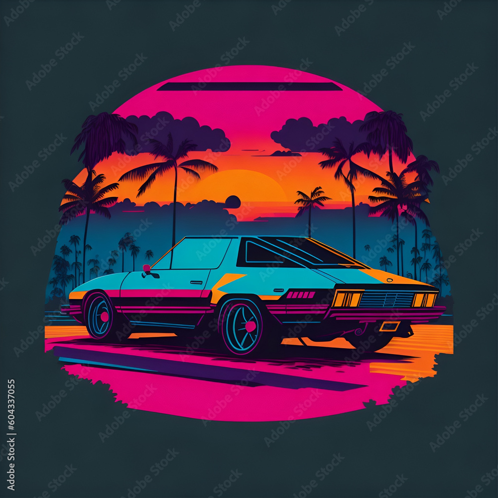 Graphic design t-shirt, flat design , car, Miami street, colorful hues, highly detailed clean, vector image