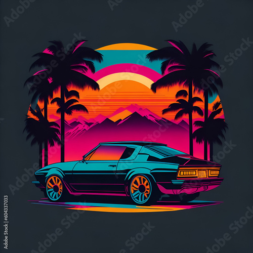 Graphic design t-shirt, flat design , car, Miami street, colorful hues, highly detailed clean, vector image © Generative Ai