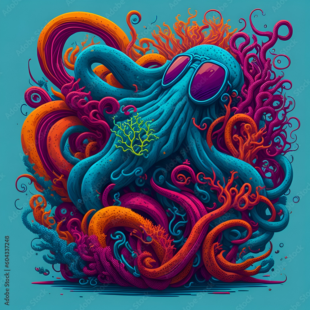 Vector t-shirt art ready to print colorful graffiti illustration of an octopus