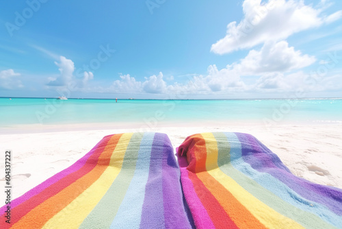 AI generated imaga of towels in rainbow colors on perfect beach Generative AI photo