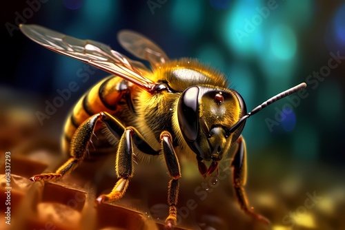 Captivating close-up of a vibrant bee, showcasing its intricate details and vivid colors. Generative Ai. © ckybe