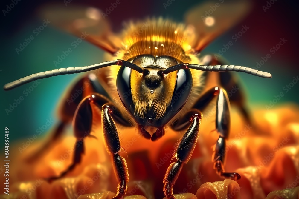 Captivating close-up of a vibrant bee, showcasing its intricate details and vivid colors. Generative Ai. Captivating close-up of a vibrant bee, showcasing its intricate details and vivid colors. Generative Ai.