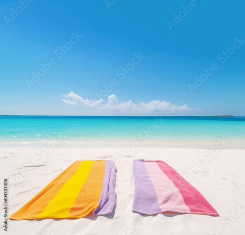 AI generated imaga of towels in rainbow colors on perfect beach Generative AI photo