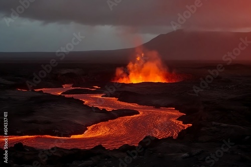 Lava erupts from a volcano. 