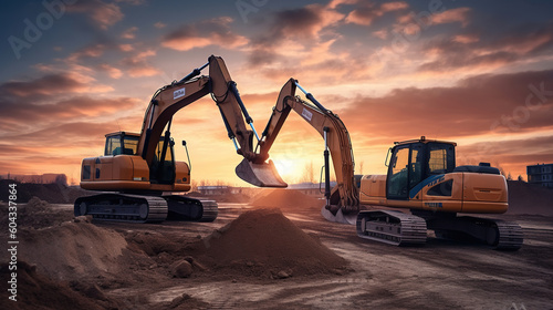 Sunset Construction, Watch Excavators Hard at Work on the Building Site. Generative AI