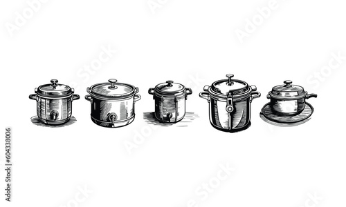 Five Vintage Pressure cooker Set vector illustration.