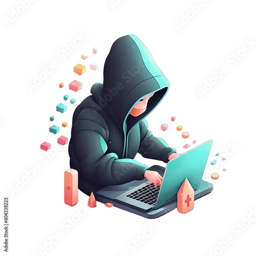 Clever hacker with black hoodie with laptop - Plasticine Illustration 4