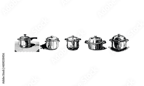 Five Vintage Pressure cooker Set vector illustration.