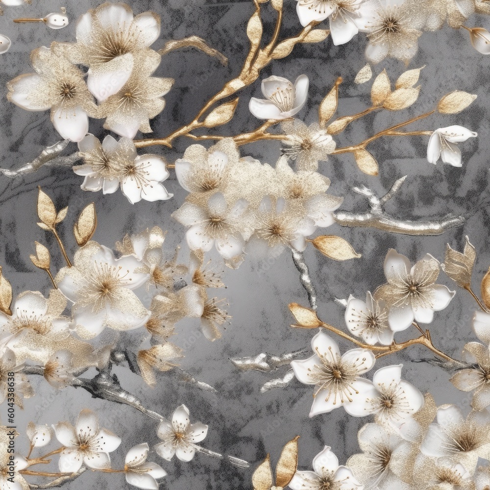 Metallic Blossom Elegance: Fine cherry blossom motifs with a sophisticated metallic texture. Generative AI.