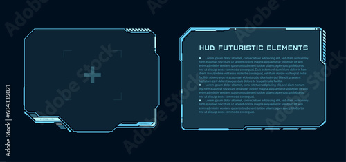 Futuristic ui: windows, target and header. High tech elements for user interface. Modern HUD control panel. Sci-fi concept design. UI for video games and VR. Vector illustration.