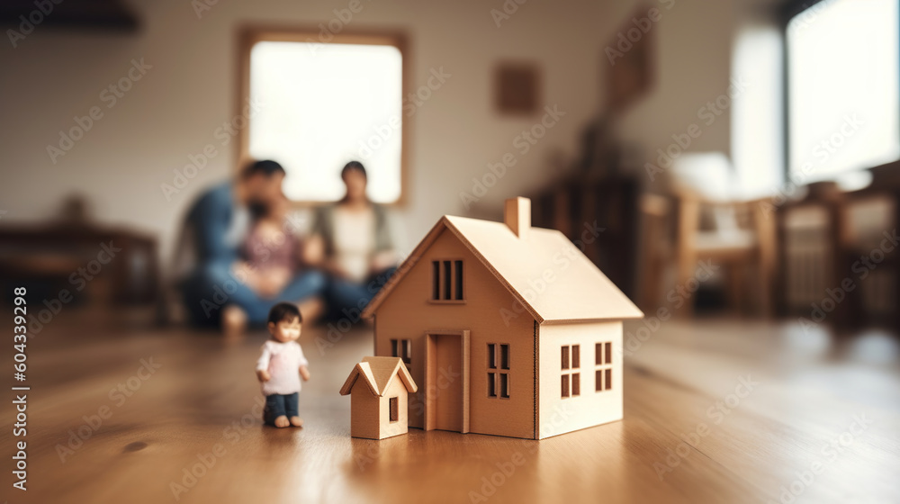 House model of family sitting on home floor, in the style of blurred background. Generative AI House model of family sitting on home floor, in the style of blurred background. Generative AI