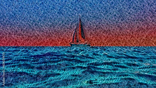 Artistic spiraliform colored animation of small yacht boat sailing at sunset. Digital art concept photo