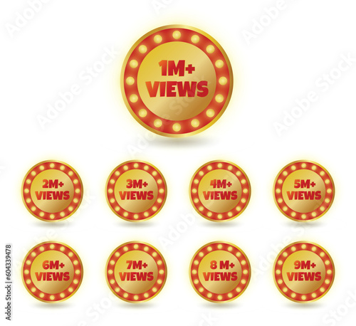 Set of 1 million views to 9 million views gold badge sticker clipart vector illustration