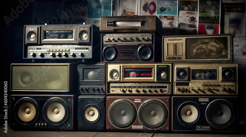 Vintage radio boomboxes lining the wall from the 1980s, Generative AI