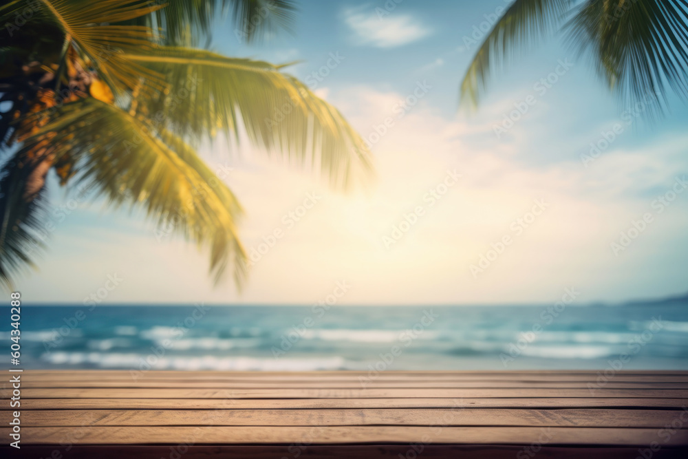 A living paradise with palm trees, umbrella, and serene beach view from a wooden table. Exotic and dreamy. Generative AI.