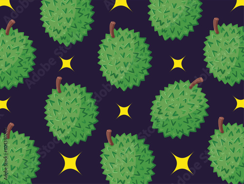 Green durian fruit pattern vector illustration isolated on dark blue horizontal background template. Simple flat plant food drawing with cartoon art style.