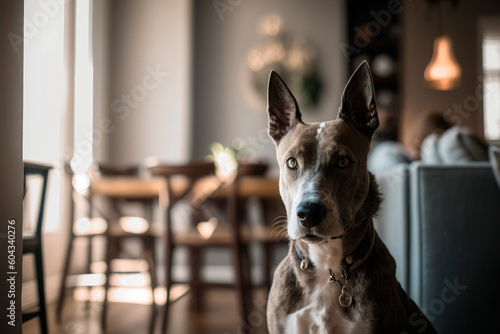 AI GENERATIVE, a beautiful gran danes dog in the foreground in the dining room