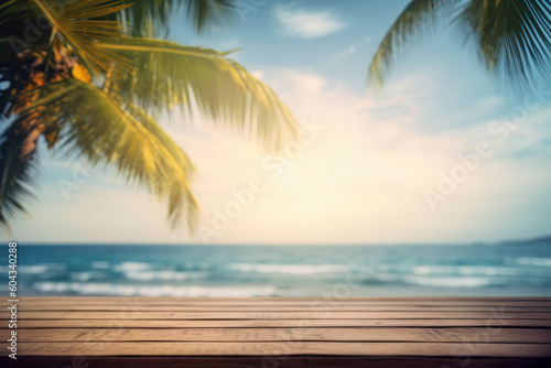 A living paradise with palm trees, umbrella, and serene beach view from a wooden table. Exotic and dreamy. Generative AI.