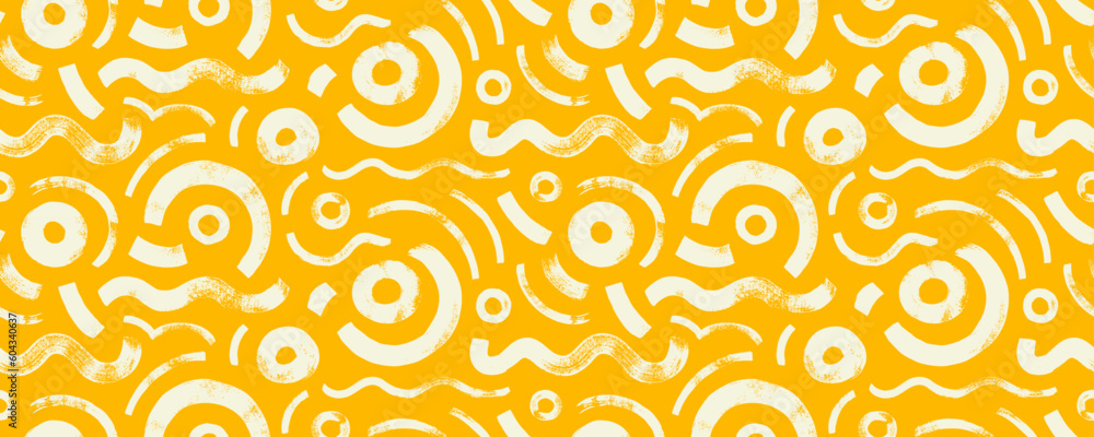 Bold circular shapes and waves seamless pattern. Brush drawn white curved lines and circles. Trendy vector design with basic shapes. Messy doodles, bold curvy lines. Abstract yellow grunge banner. Bold circular shapes and waves seamless pattern. Brush drawn white curved lines and circles. Trendy vector design with basic shapes. Messy doodles, bold curvy lines. Abstract yellow grunge banner.