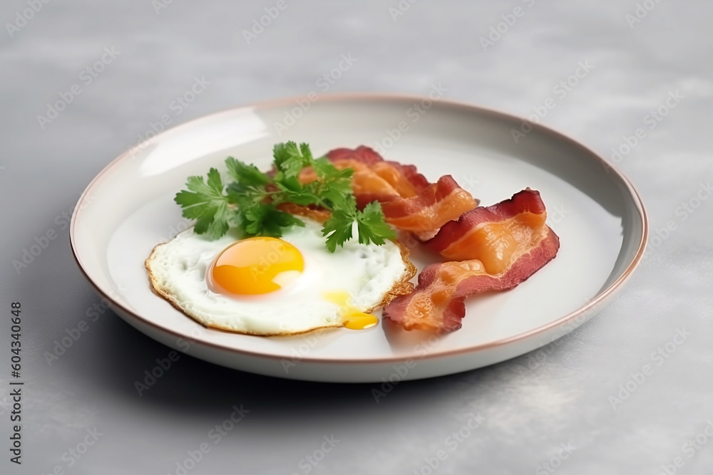 fried egg with bacon and greenery on white backfround fried egg with bacon and greenery on white backfround