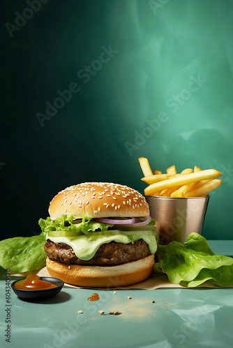 big burger and french fries on green background