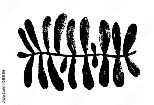 Matisse inspired branch with round leaves. Hand drawn organic naive style plant isolated on white background. Trendy contemporary natural element in rectangle shape. Vector black ink illustration.