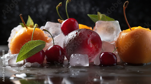 Chilled Delights: Vibrant Close-Up of Icy Fruits and Juicy Berries
generative, ai