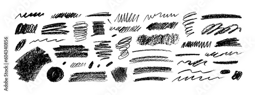 Charcoal pencil curly lines, squiggles and shapes. Grunge pen scribbles collection. Hand drawn vector pencil lines and doodles. Black charcoal or chalk drawing. Rough crayon strokes.