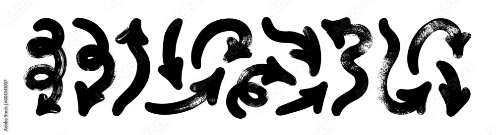 Bold curved arrows collection. Brush drawn vector thick curved arrows ...